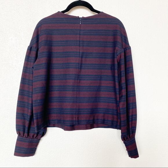 Zara Maroon Navy Stripe Bubble Sleeve Top Size Large - Picture 9 of 9